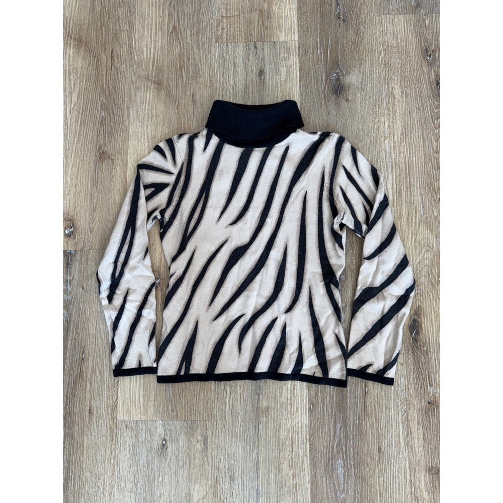 Talbots Minimalist Zebra Print Turtleneck Women Small P Tan Black Cashmere Silk